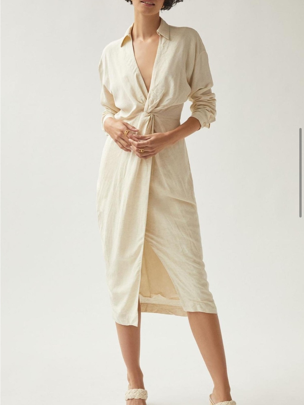 Anthropologie V-neck Knot Front Midi Dress Cream Linen-Blend